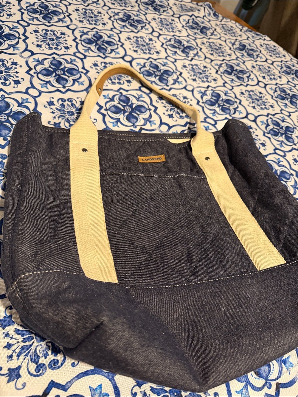 Lands' End Navy Quilted Messenger Tote with Cream Handles